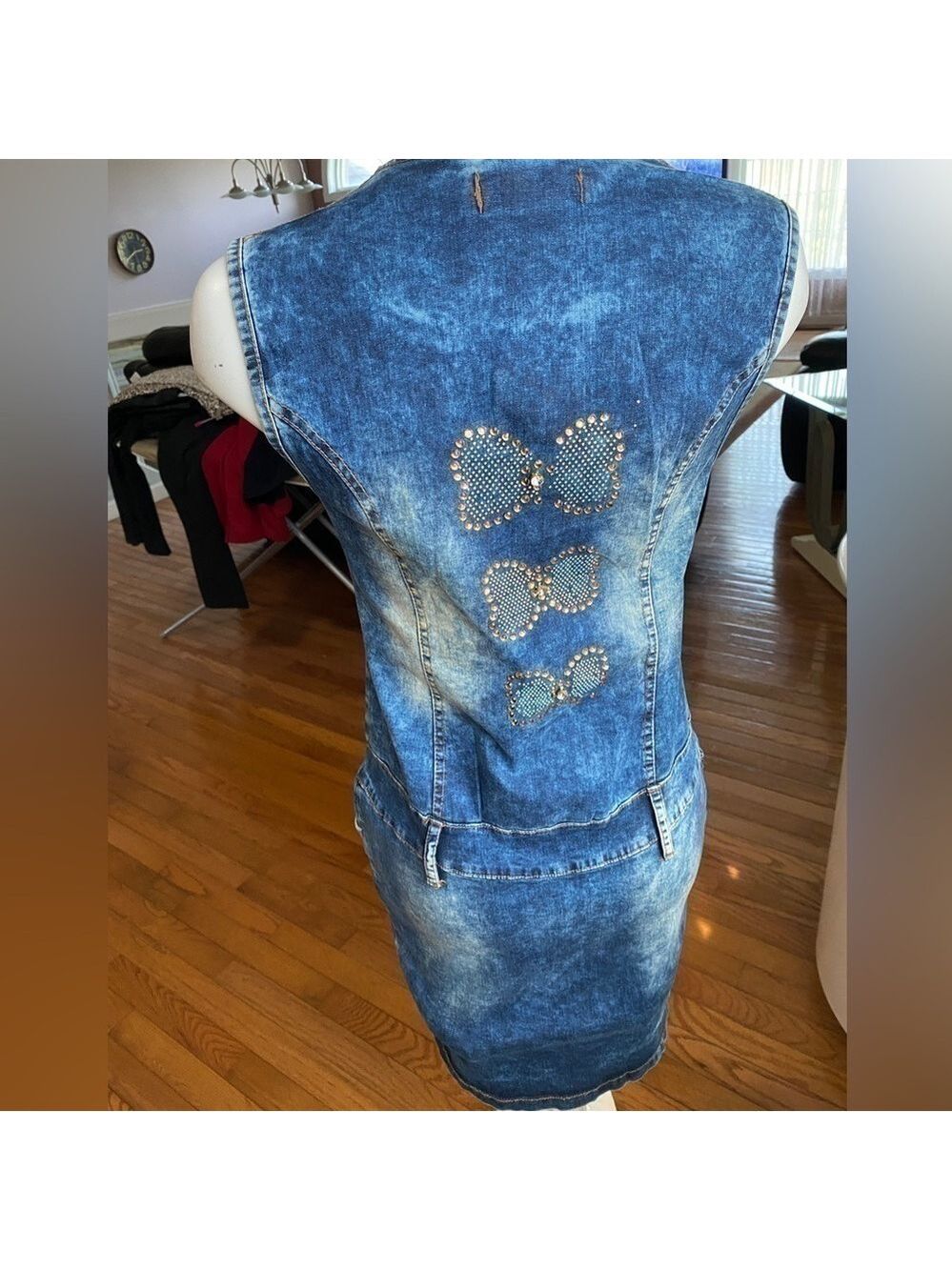 Y2k DENIM MINI DRESS EMBROIDERED BUTTERFLIES RHINESTONES MADE IN EUROPE - Picture 14 of 16